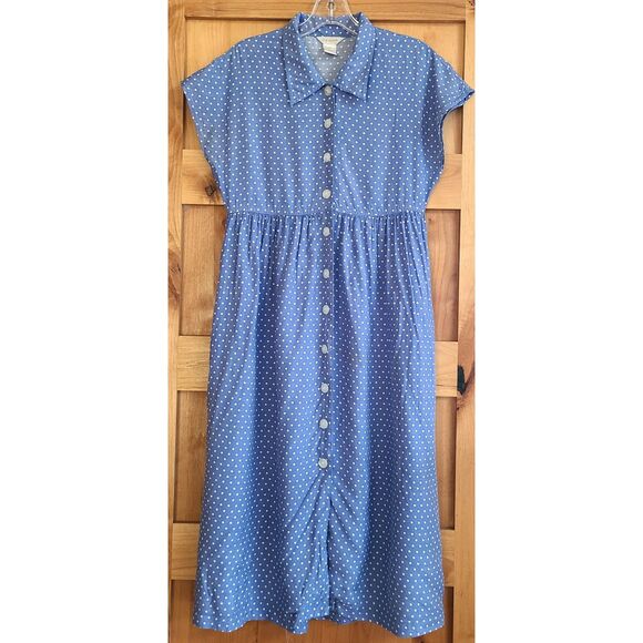 Ellen Ashley Dresses & Skirts - Vintage Ellen Ashley Blue Polka Dot Midi Shirt Dress Pockets 4P 100% Rayon SMALL